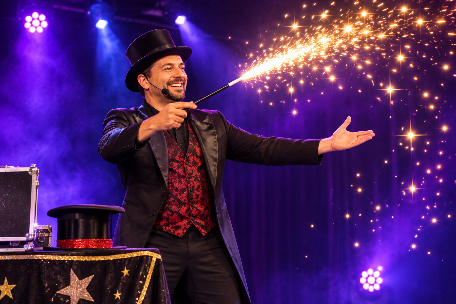 Experiencia de magia de Fundación Magic Experience con una varita luminosa y destellos frente a niños y adultos mayores.